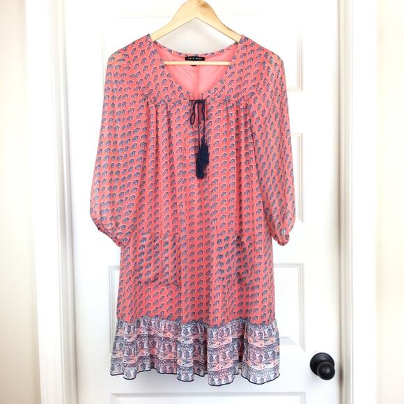 As U Wish Salmon Pink Boho 3/4 Sleeve Dress Medium - Picture 2 of 6